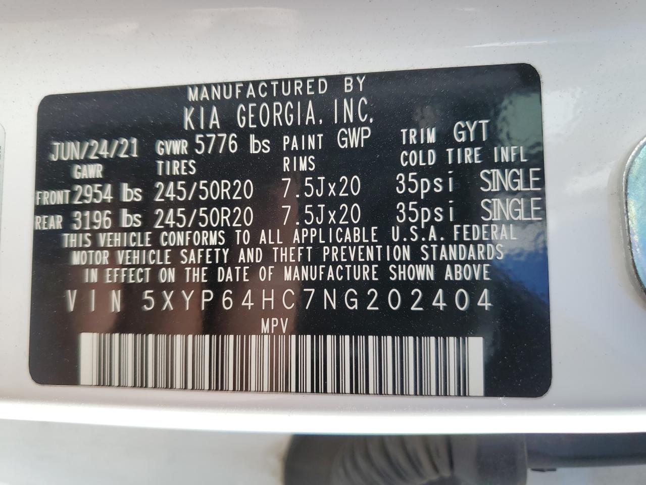 2022 KIA TELLURIDE S VIN:5XYP64HC7NG202404