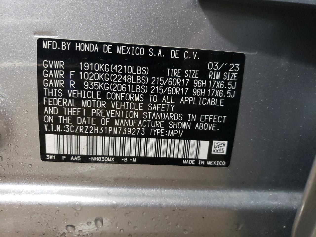 2023 HONDA HR-V LX VIN:3CZRZ2H31PM739273