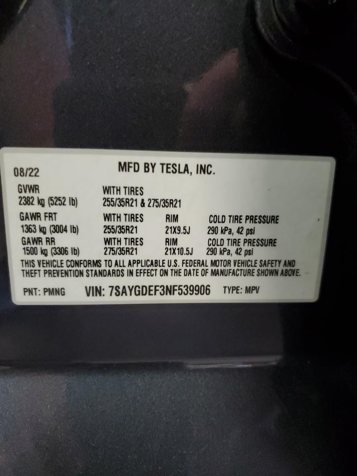 2022 TESLA MODEL Y VIN:7SAYGDEF3NF539906