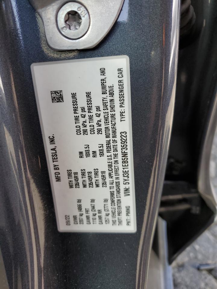 2022 TESLA MODEL 3 VIN:5YJ3E1EB5NF359223