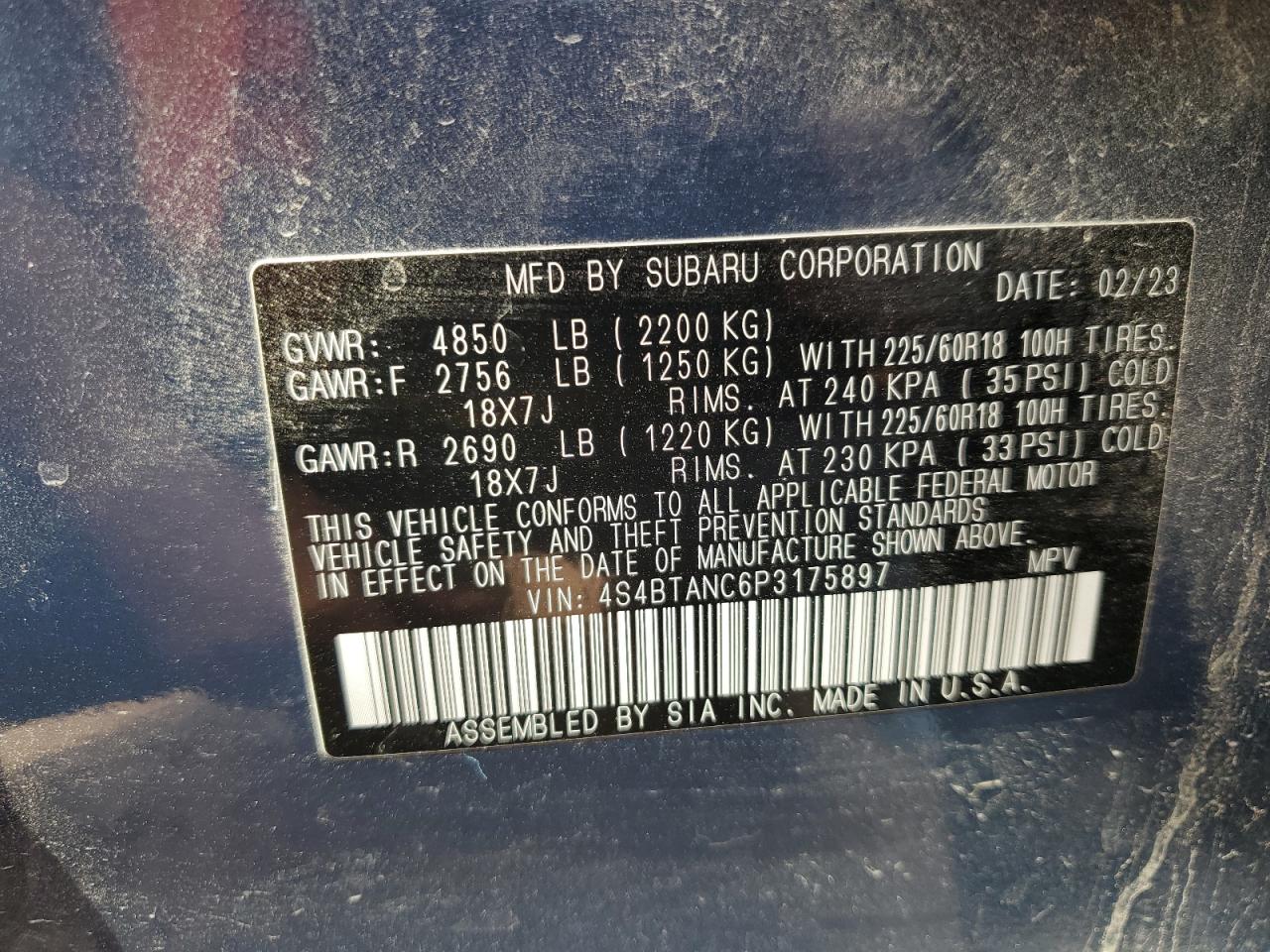 2023 SUBARU OUTBACK LIMITED VIN:4S4BTANC6P3175897