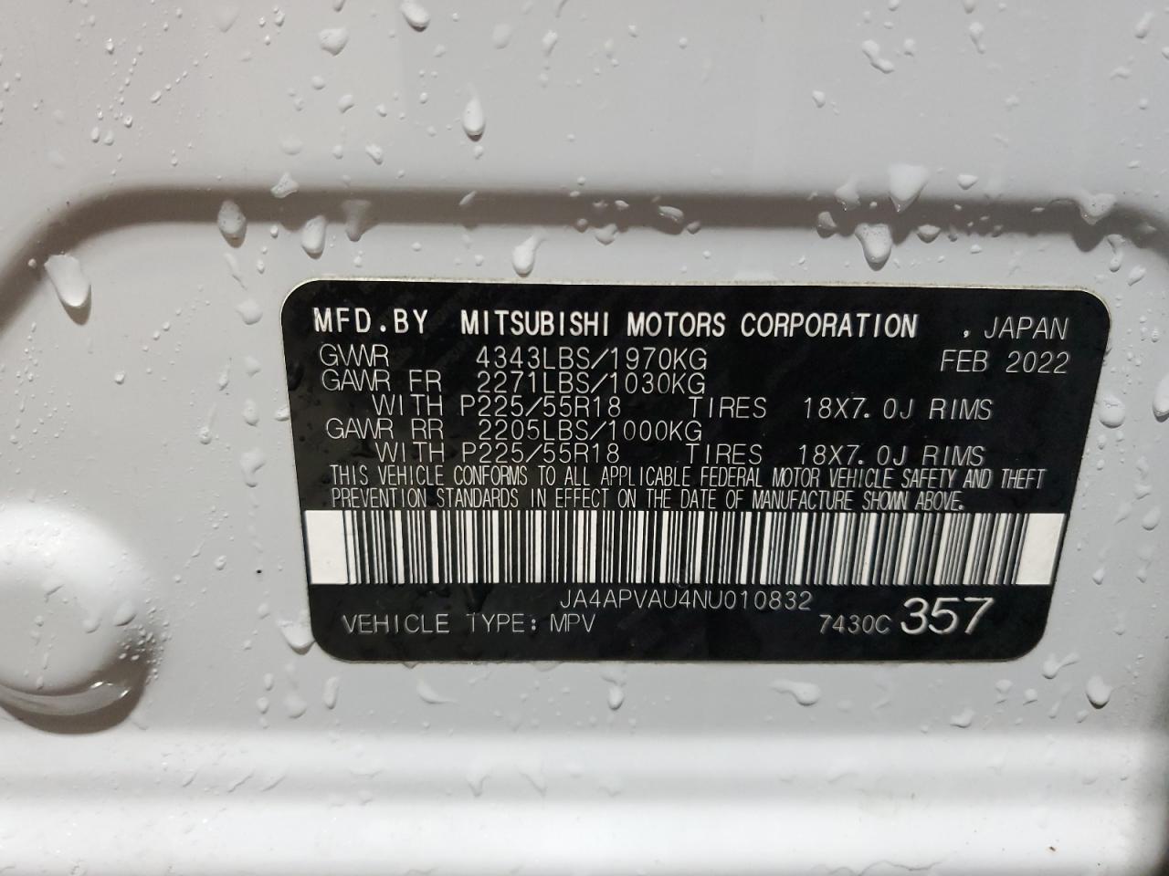 2022 MITSUBISHI OUTLANDER SPORT SE VIN:JA4APVAU4NU010832