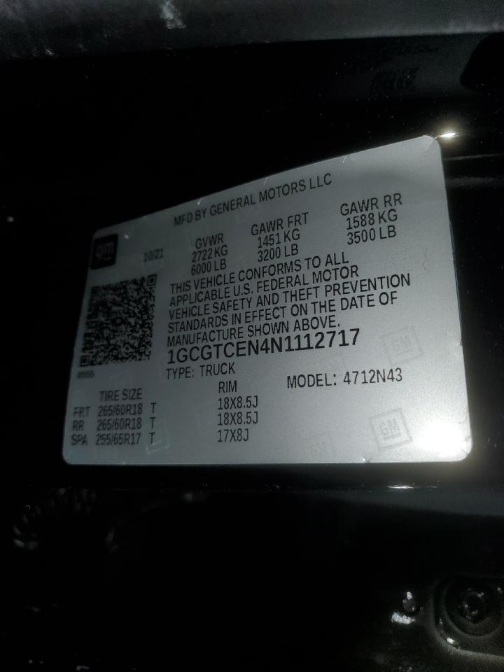 2022 CHEVROLET COLORADO LT VIN:1GCGTCEN4N1112717