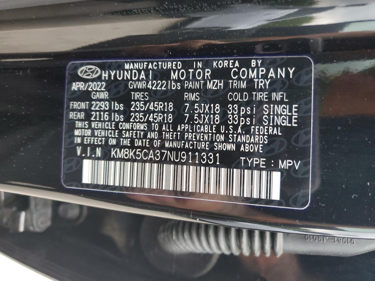 2022 HYUNDAI KONA LIMITED VIN:KM8K5CA37NU911331