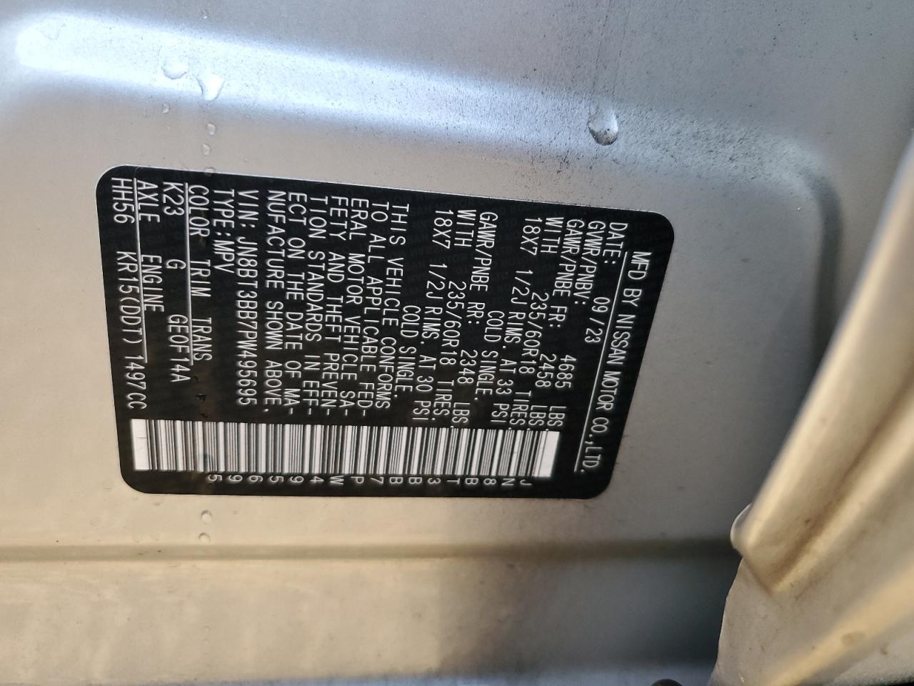 2023 NISSAN ROGUE SV VIN:JN8BT3BB7PW495695
