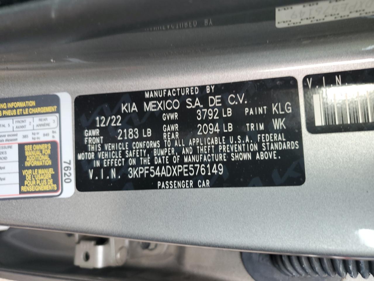 2023 KIA FORTE GT LINE VIN:3KPF54ADXPE576149