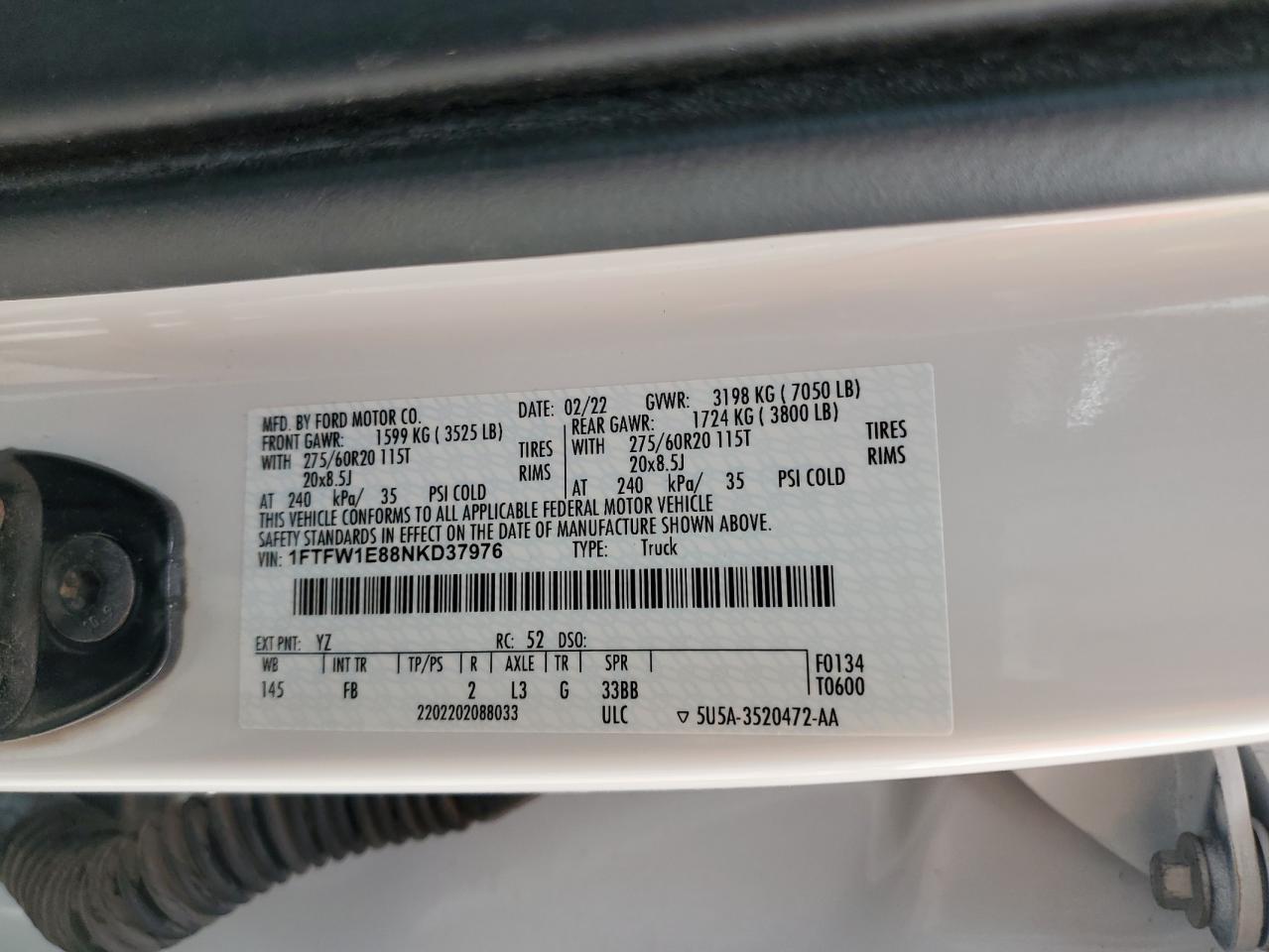 2022 FORD F150 SUPERCREW VIN:1FTFW1E88NKD37976