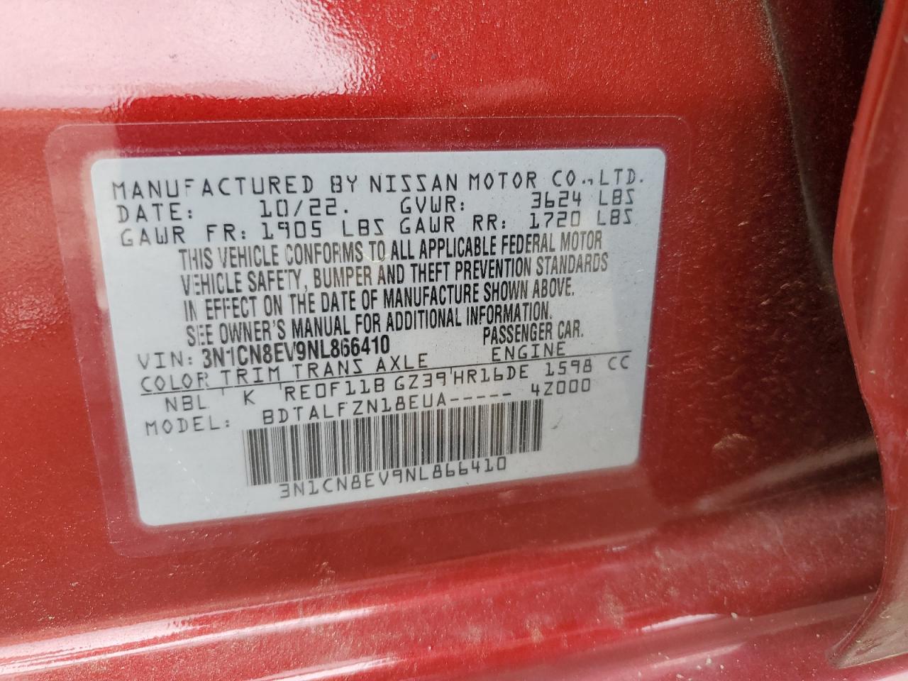 2022 NISSAN VERSA SV VIN:3N1CN8EV9NL866410