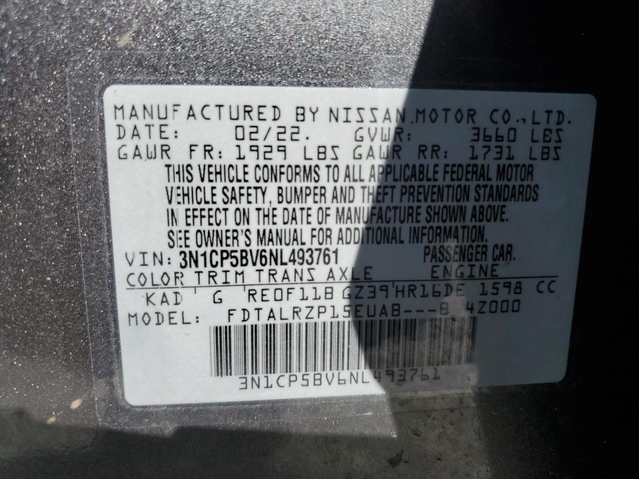 2022 NISSAN KICKS S VIN:3N1CP5BV6NL493761