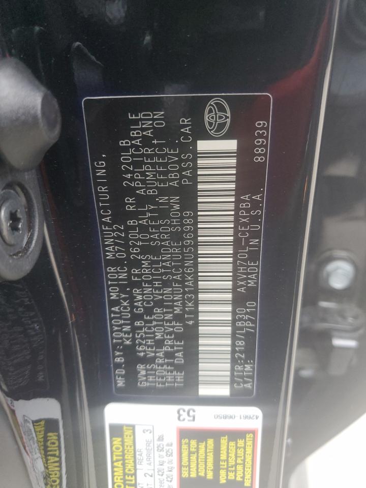 2022 TOYOTA CAMRY XSE VIN:4T1K31AK6NU596989