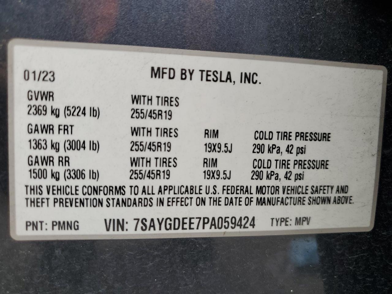 2023 TESLA MODEL Y VIN:7SAYGDEE7PA059424