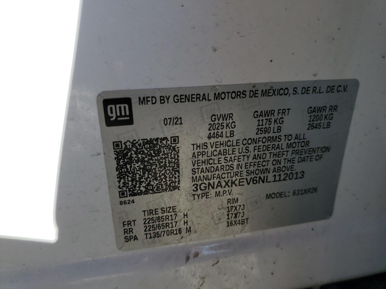 2022 CHEVROLET EQUINOX LT VIN:3GNAXKEV6NL112013