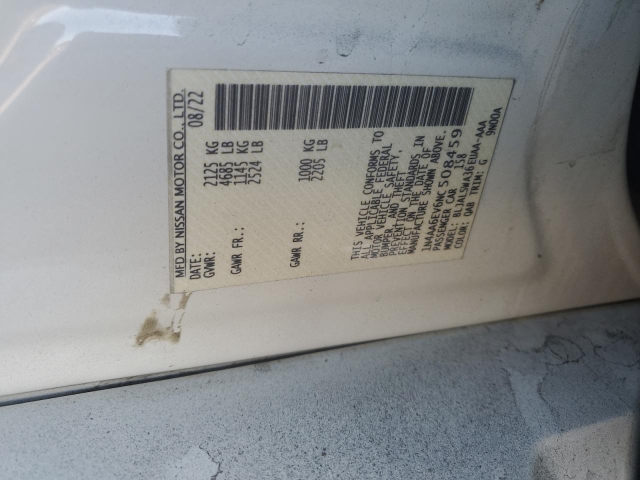 2022 NISSAN MAXIMA SR VIN:1N4AA6EV6NC508459