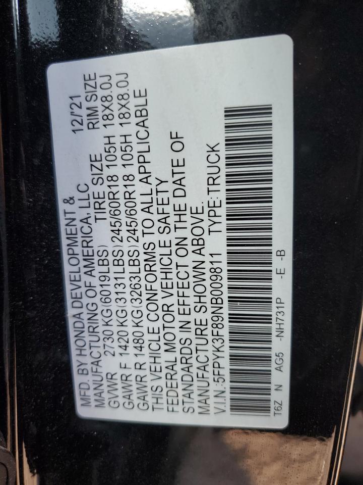 2022 HONDA RIDGELINE BLACK EDITION VIN:5FPYK3F89NB009811