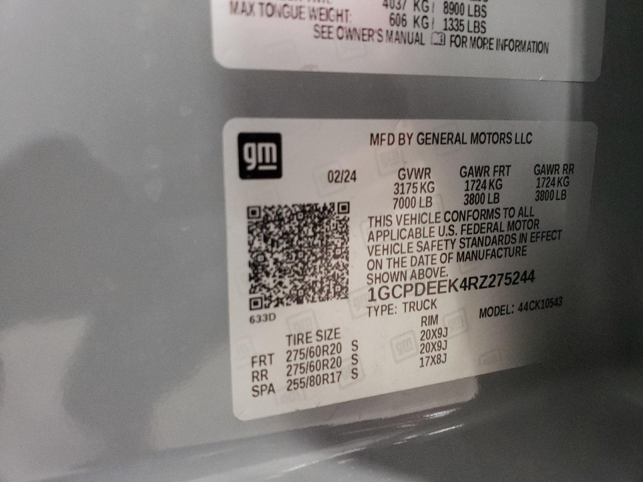 2024 CHEVROLET SILVERADO K1500 RST VIN:1GCPDEEK4RZ275244