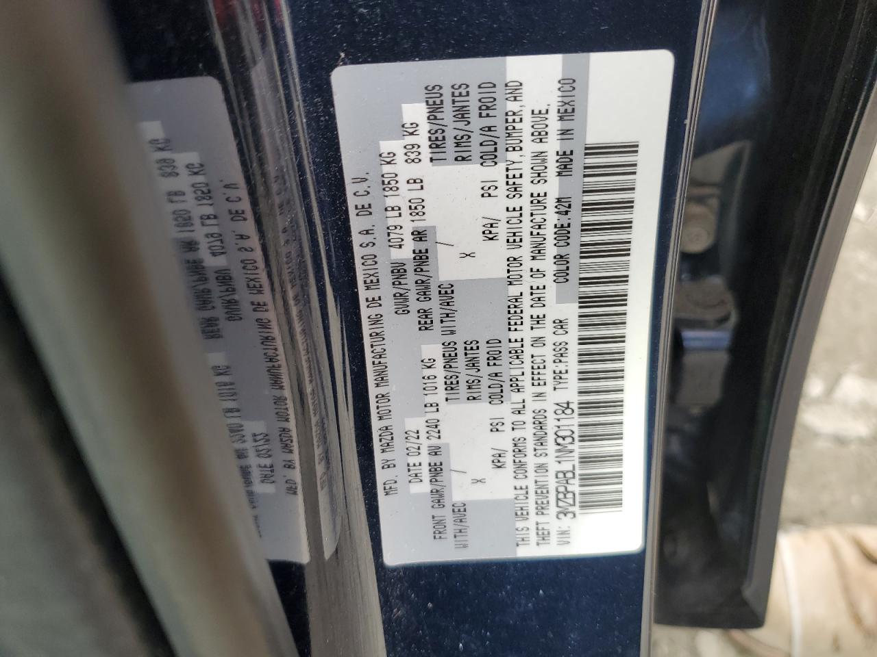 2022 MAZDA 3 SELECT VIN:3MZBPABL1NM301184