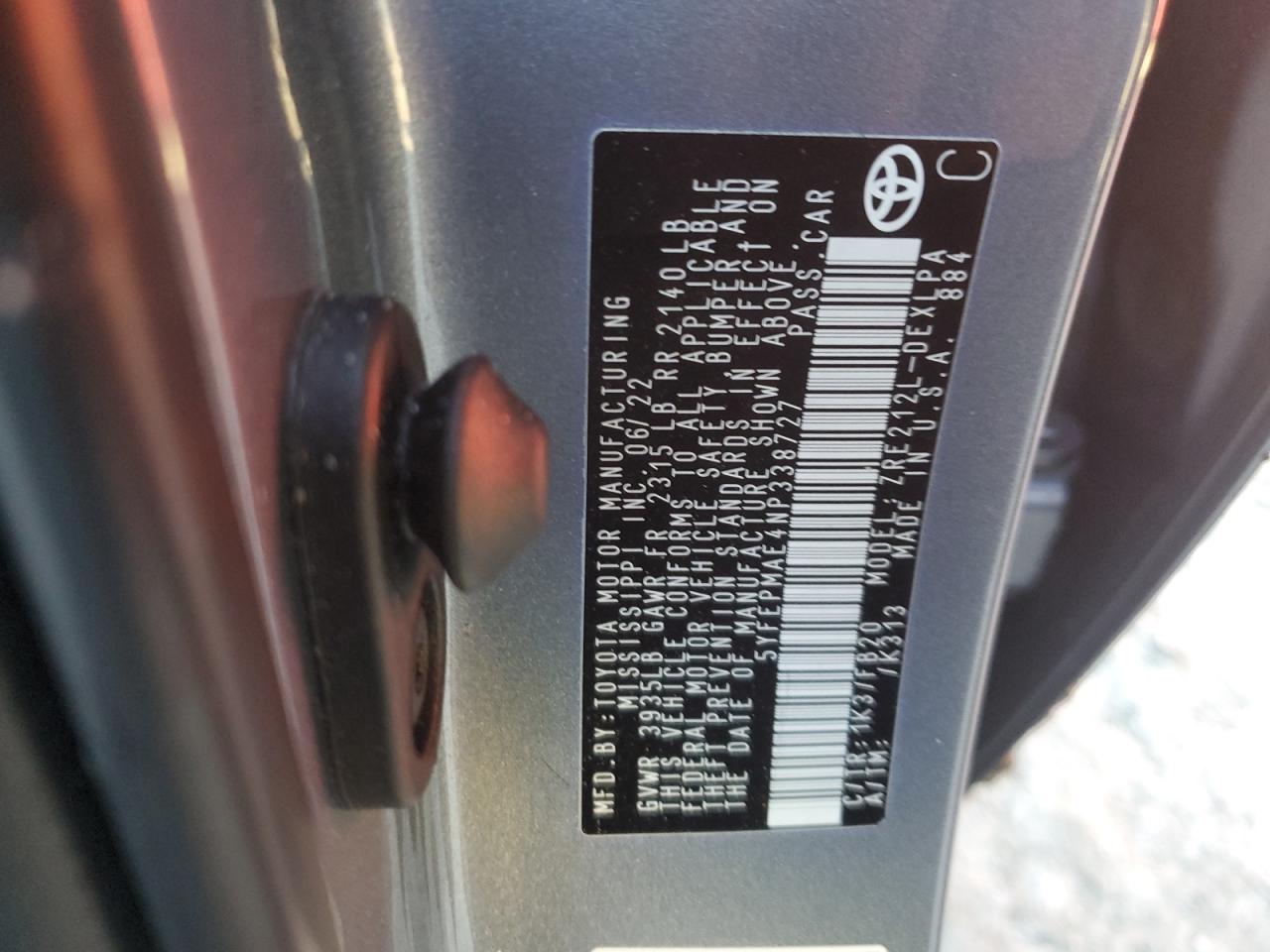 2022 TOYOTA COROLLA LE VIN:5YFEPMAE4NP338727
