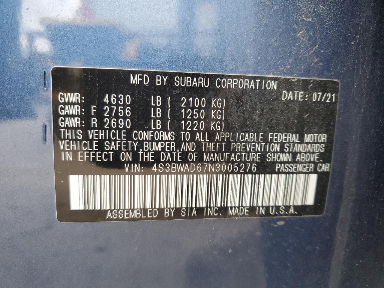 2022 SUBARU LEGACY PREMIUM VIN:4S3BWAD67N3005276