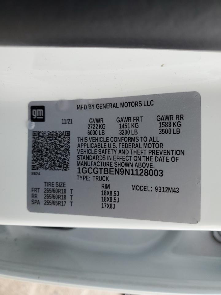 2022 CHEVROLET COLORADO VIN:1GCGTBEN9N1128003