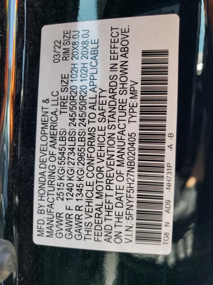 2022 HONDA PILOT SE VIN:5FNYF5H27NB020405