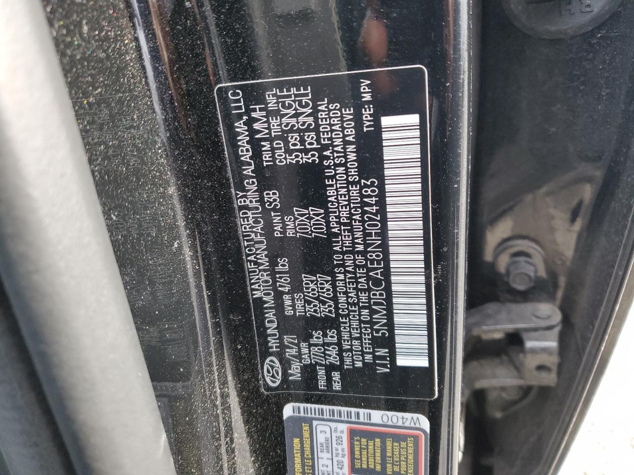 2022 HYUNDAI TUCSON SEL VIN:5NMJBCAE8NH024483