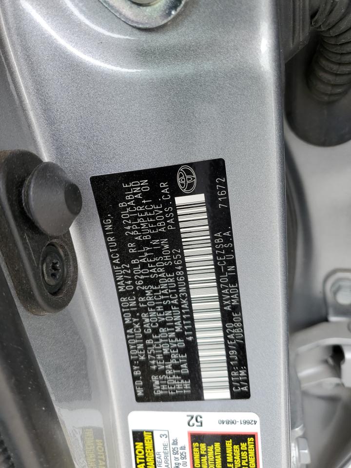 2022 TOYOTA CAMRY SE VIN:4T1T11AK3NU684652