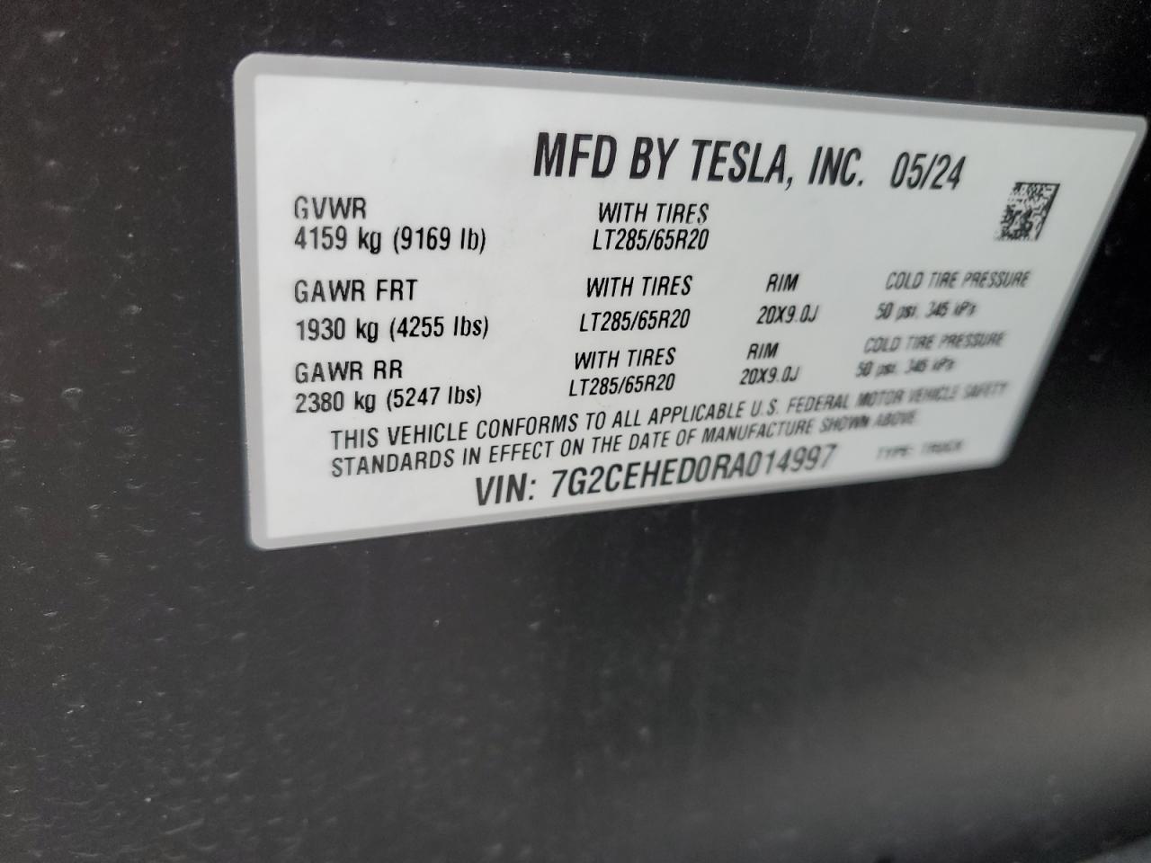 2024 TESLA CYBERTRUCK VIN:7G2CEHED0RA014997