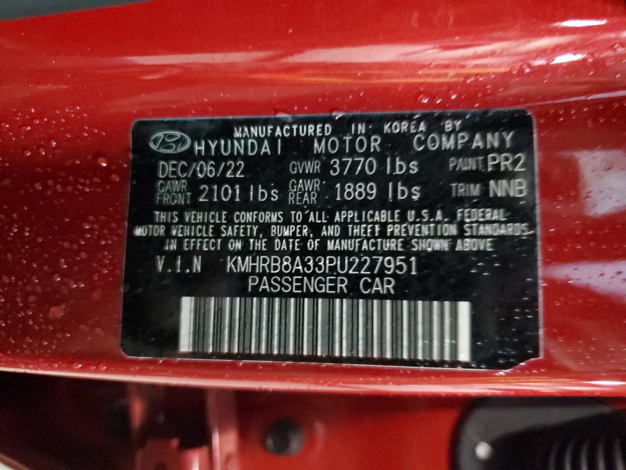 2023 HYUNDAI VENUE SE VIN:KMHRB8A33PU227951