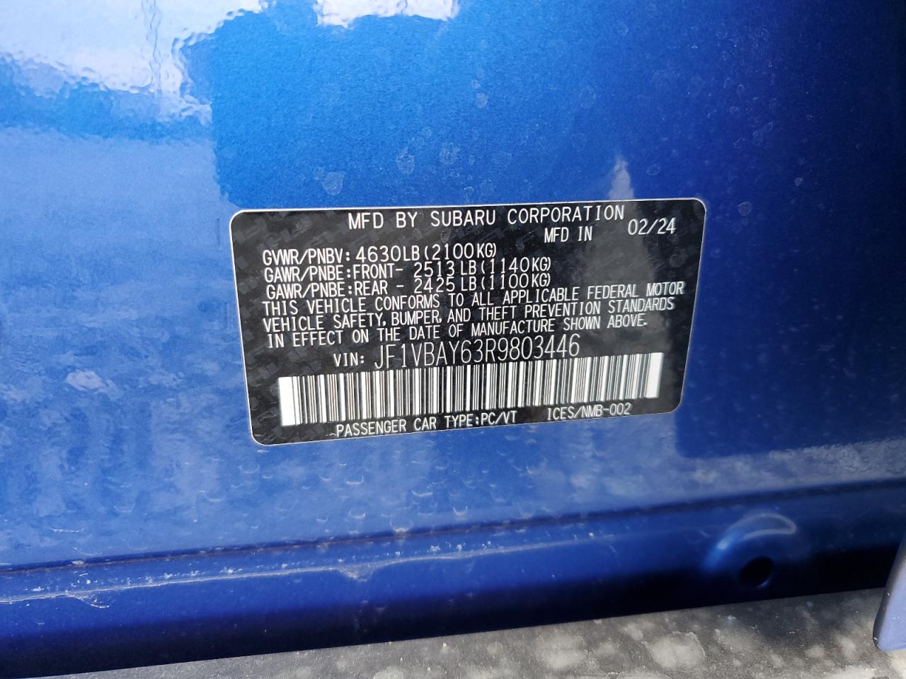 2024 SUBARU WRX TR VIN:JF1VBAY63R9803446