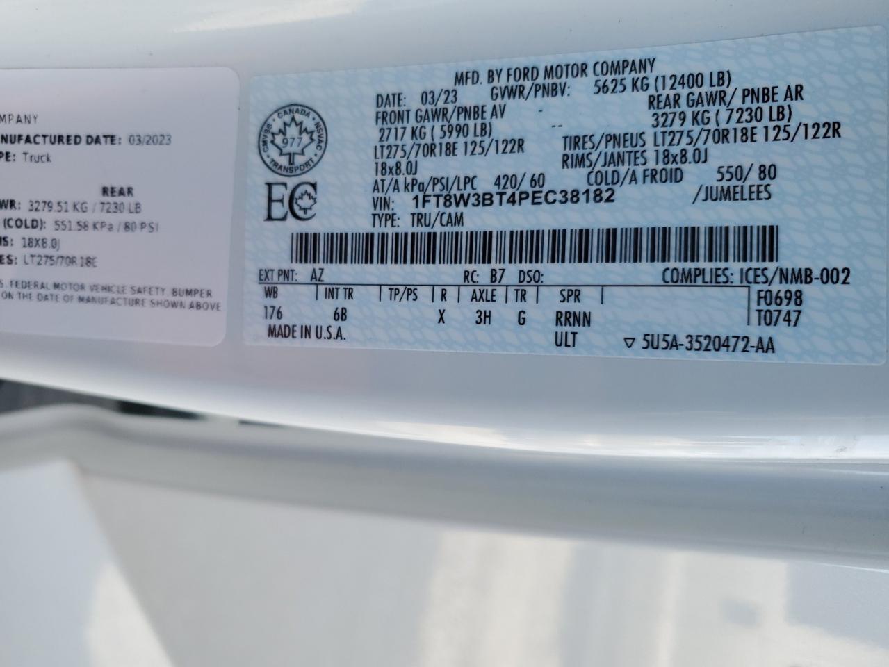2023 FORD F350 SUPER DUTY VIN:1FT8W3BT4PEC38182