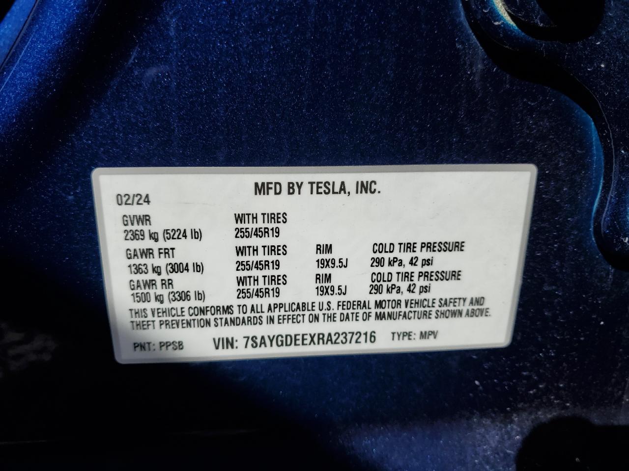 2024 TESLA MODEL Y VIN:7SAYGDEEXRA237216