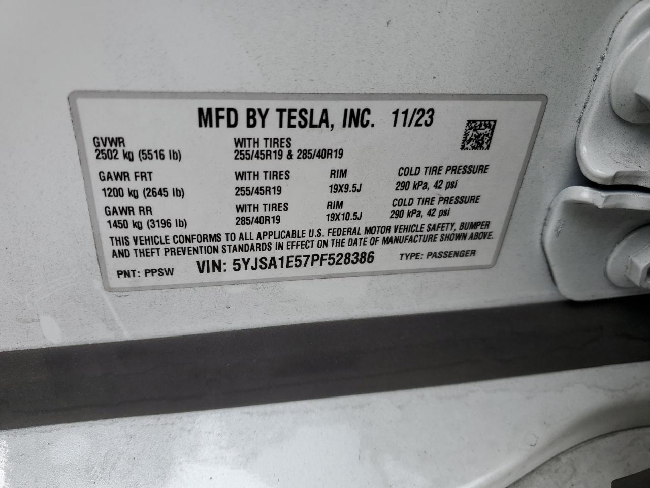 2023 TESLA MODEL S VIN:5YJSA1E57PF528386