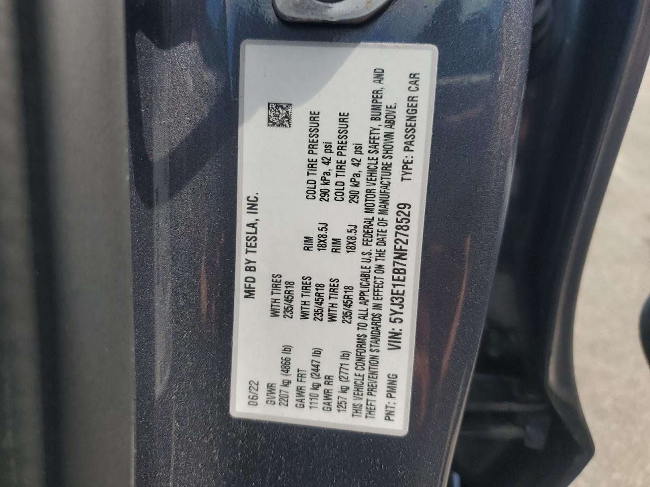2022 TESLA MODEL 3 VIN:5YJ3E1EB7NF278529