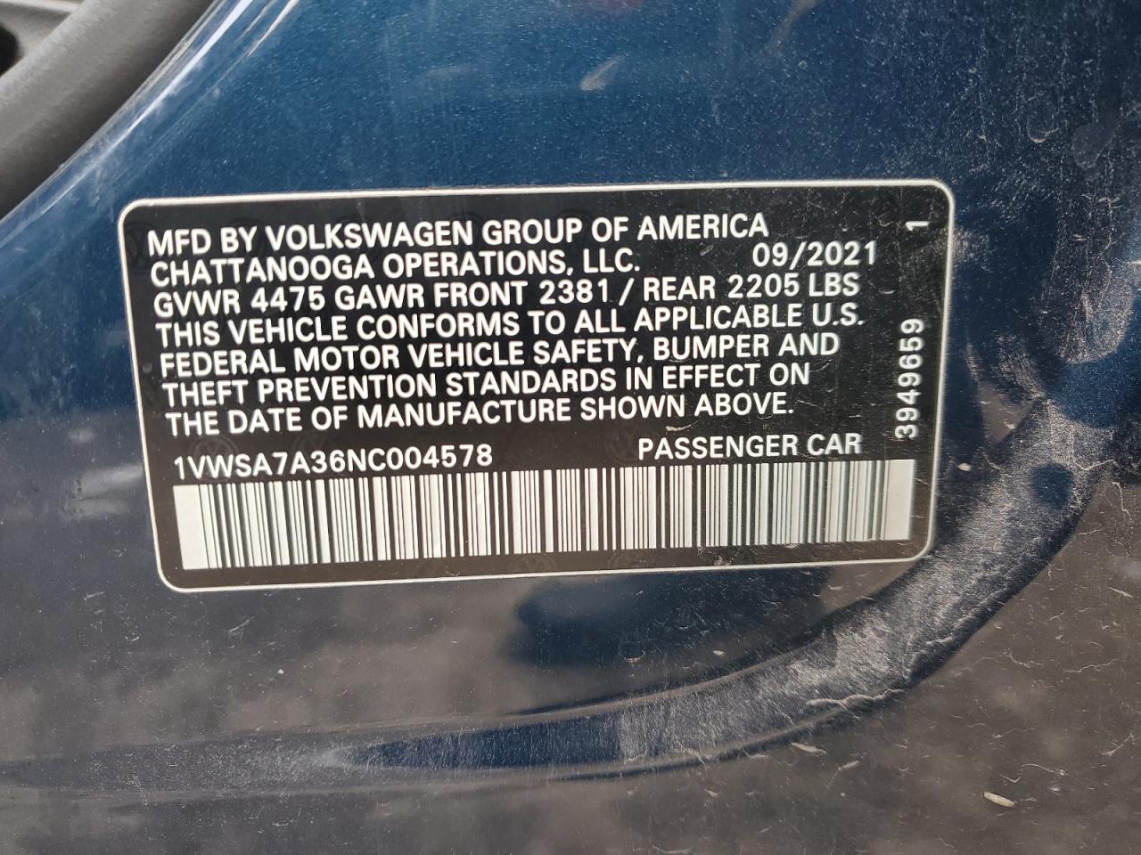 2022 VOLKSWAGEN PASSAT SE VIN:1VWSA7A36NC004578