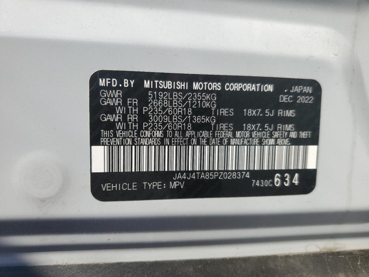 2023 MITSUBISHI OUTLANDER ES VIN:JA4J4TA85PZ028374