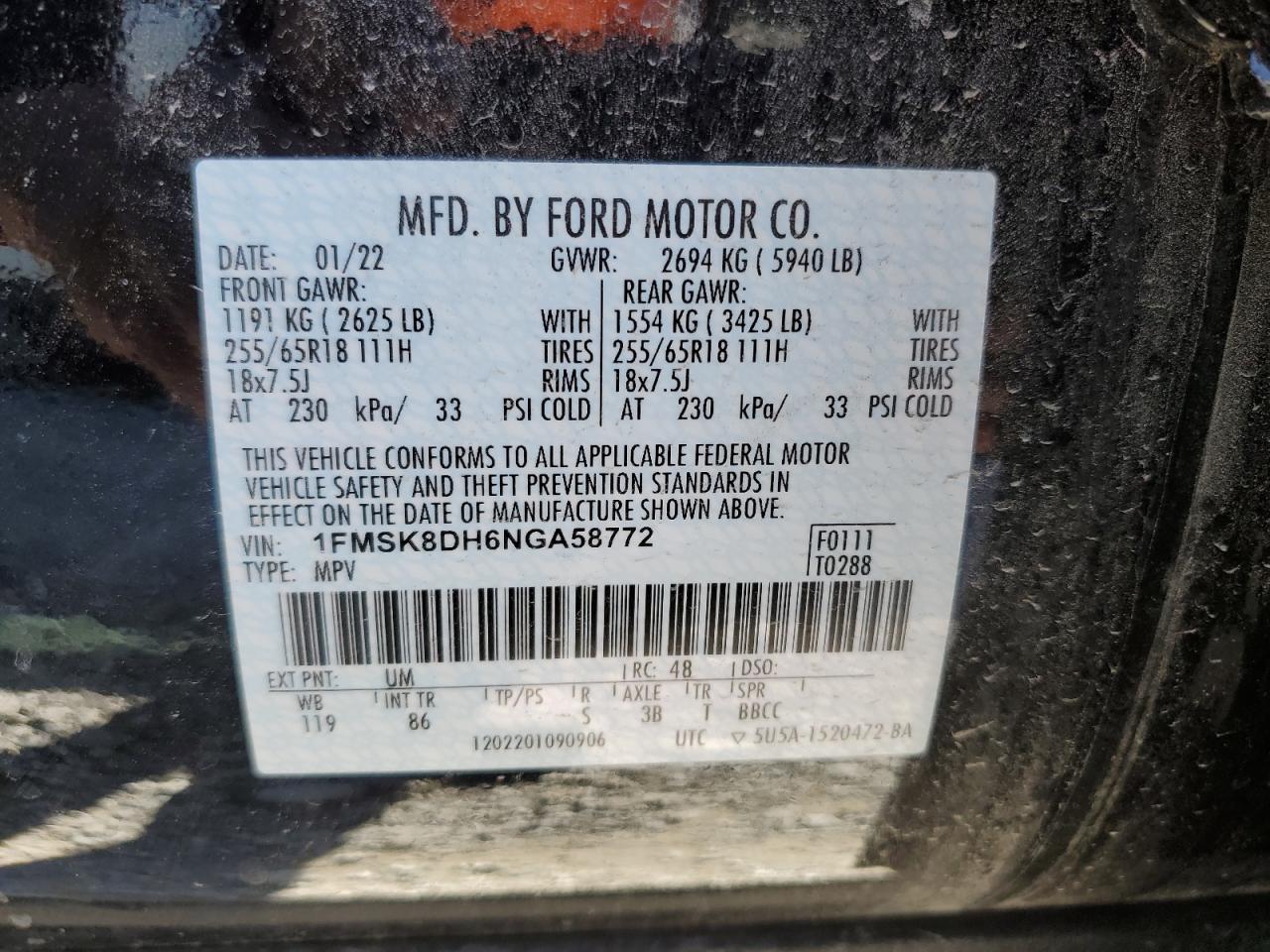 2022 FORD EXPLORER XLT VIN:1FMSK8DH6NGA58772