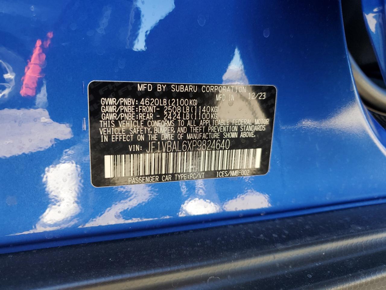 2023 SUBARU WRX LIMITED VIN:JF1VBAL6XP9824640