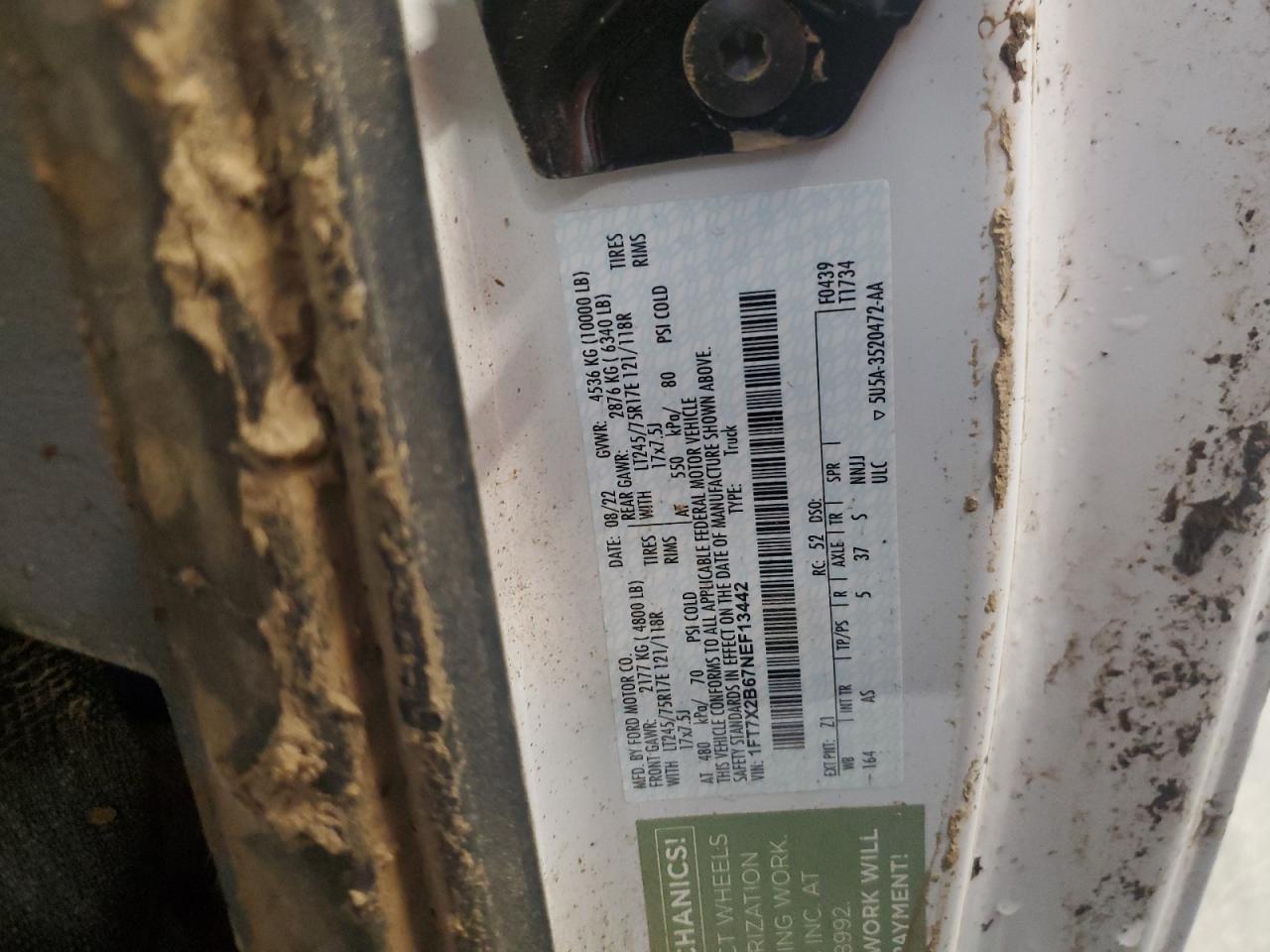2022 FORD F250 SUPER DUTY VIN:1FT7X2B67NEF13442