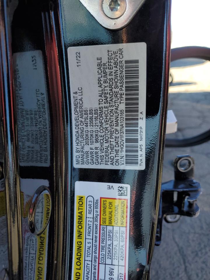 2022 HONDA ACCORD SPORT VIN:1HGCV1F37NA103165