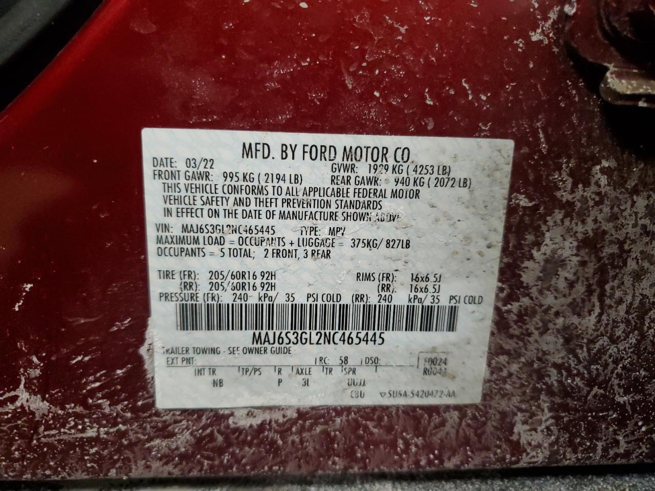 2022 FORD ECOSPORT SE VIN:MAJ6S3GL2NC465445