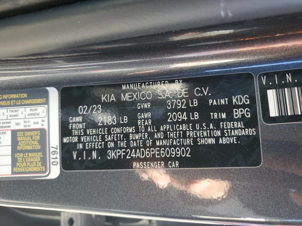 2023 KIA FORTE LX VIN:3KPF24AD6PE609902