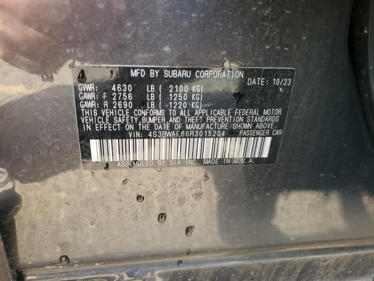 2024 SUBARU LEGACY PREMIUM VIN:4S3BWAF66R3015204