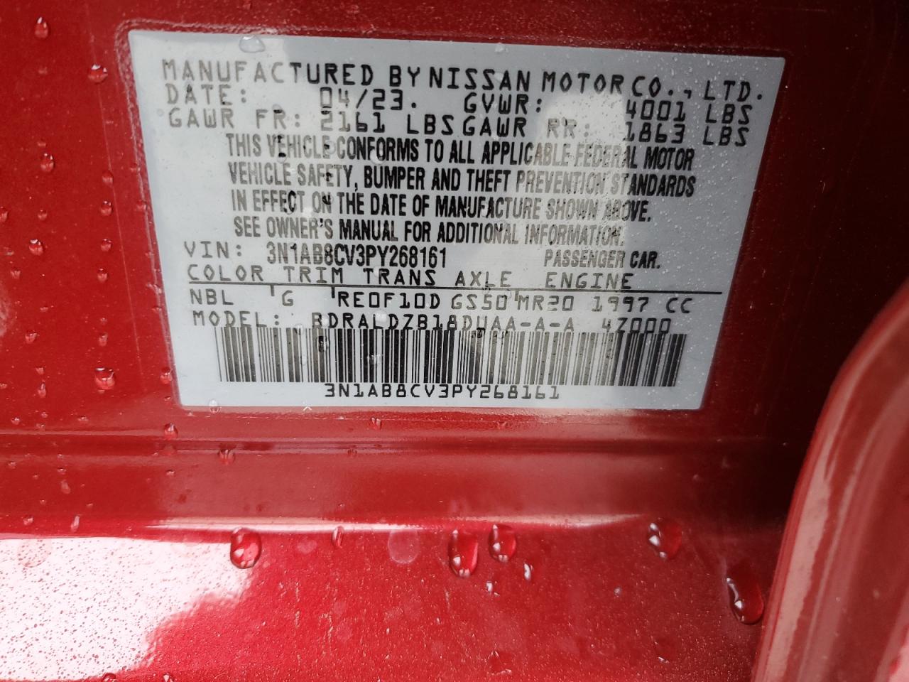 2023 NISSAN SENTRA SV VIN:3N1AB8CV3PY268161