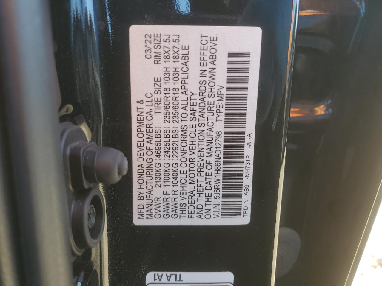 2022 HONDA CR-V EXL VIN:5J6RW1H86NA012798