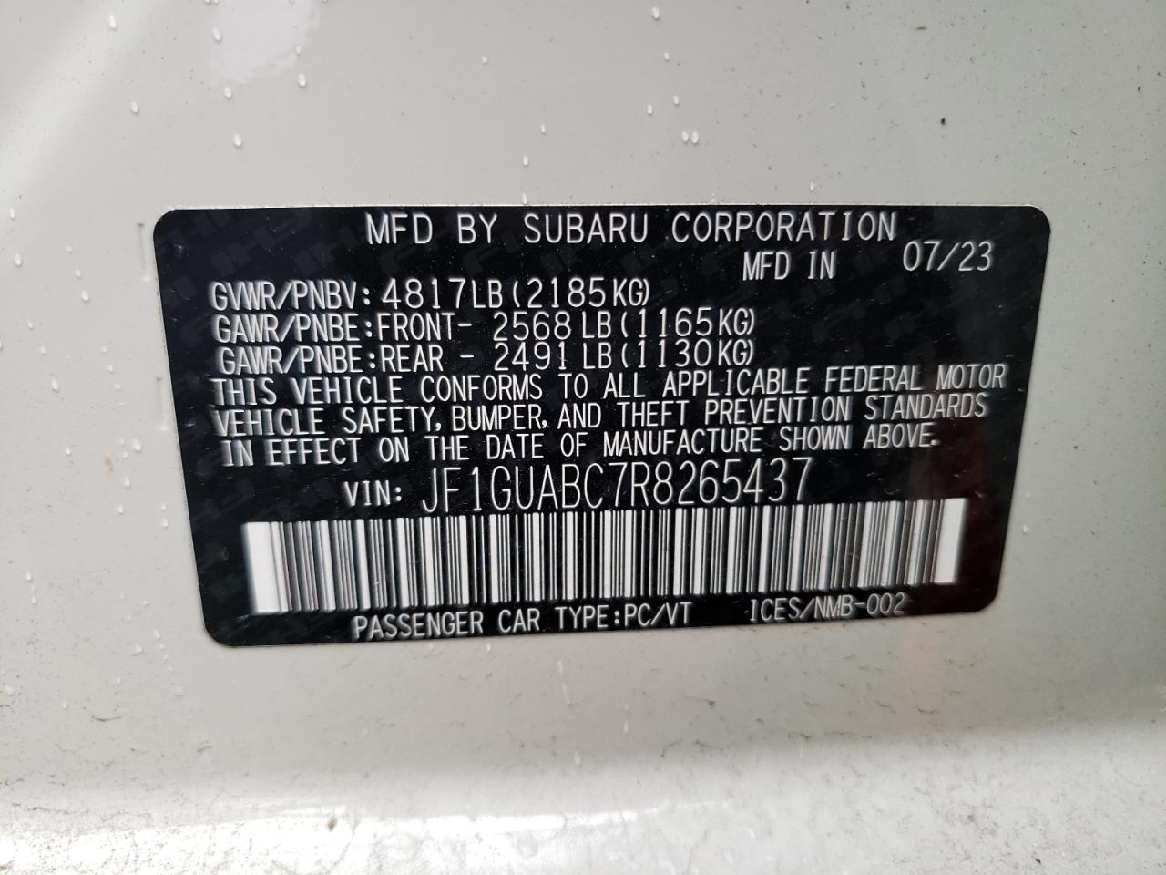2024 SUBARU IMPREZA VIN:JF1GUABC7R8265437