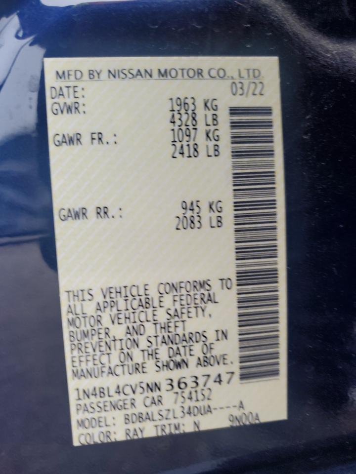 2022 NISSAN ALTIMA SR VIN:1N4BL4CV5NN363747
