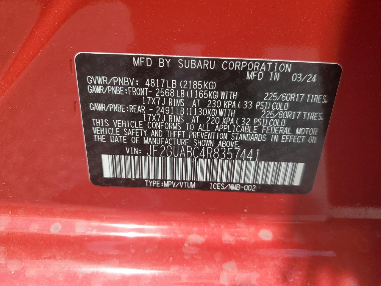 2024 SUBARU CROSSTREK VIN:JF2GUABC4R8357441