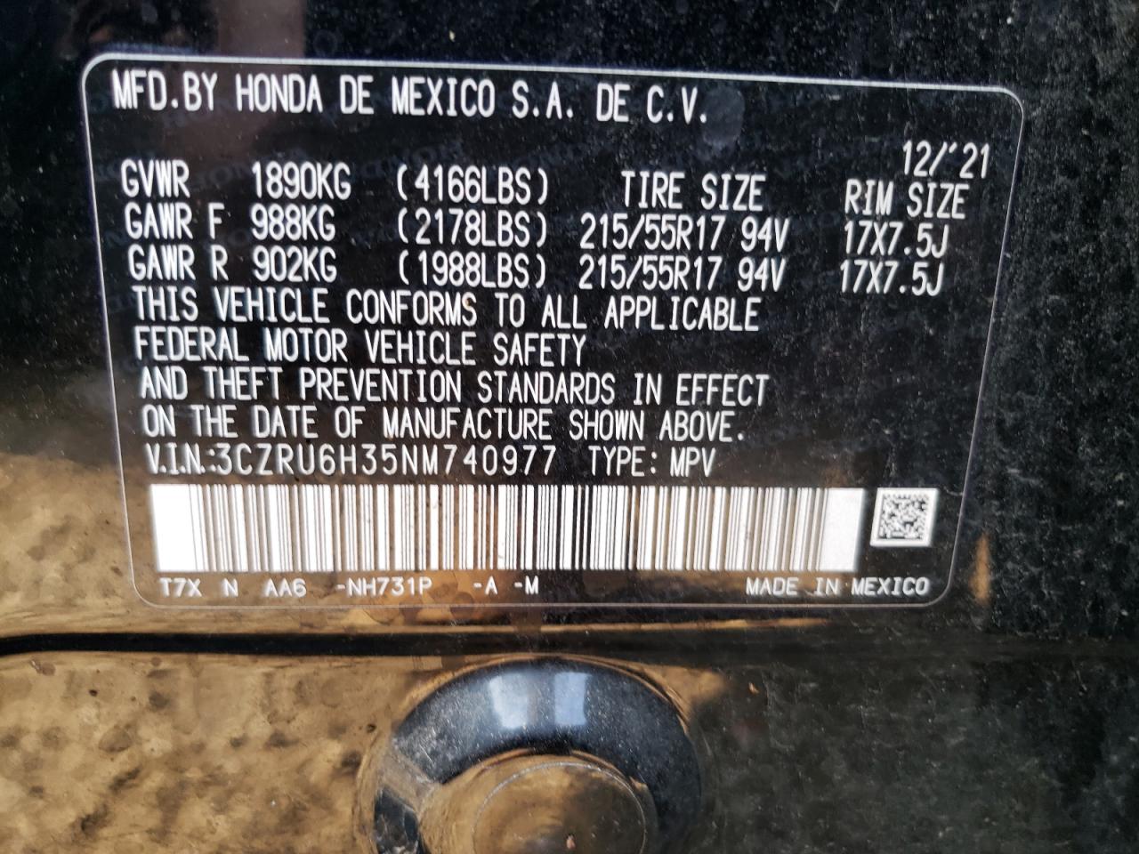 2022 HONDA HR-V LX VIN:3CZRU6H35NM740977