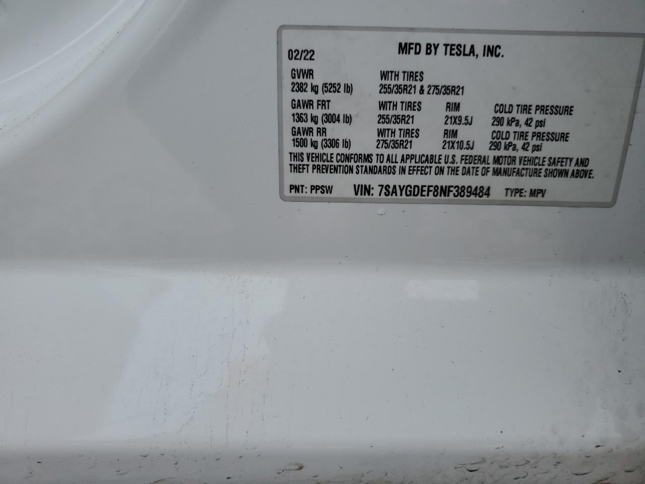 2022 TESLA MODEL Y VIN:7SAYGDEF8NF389484