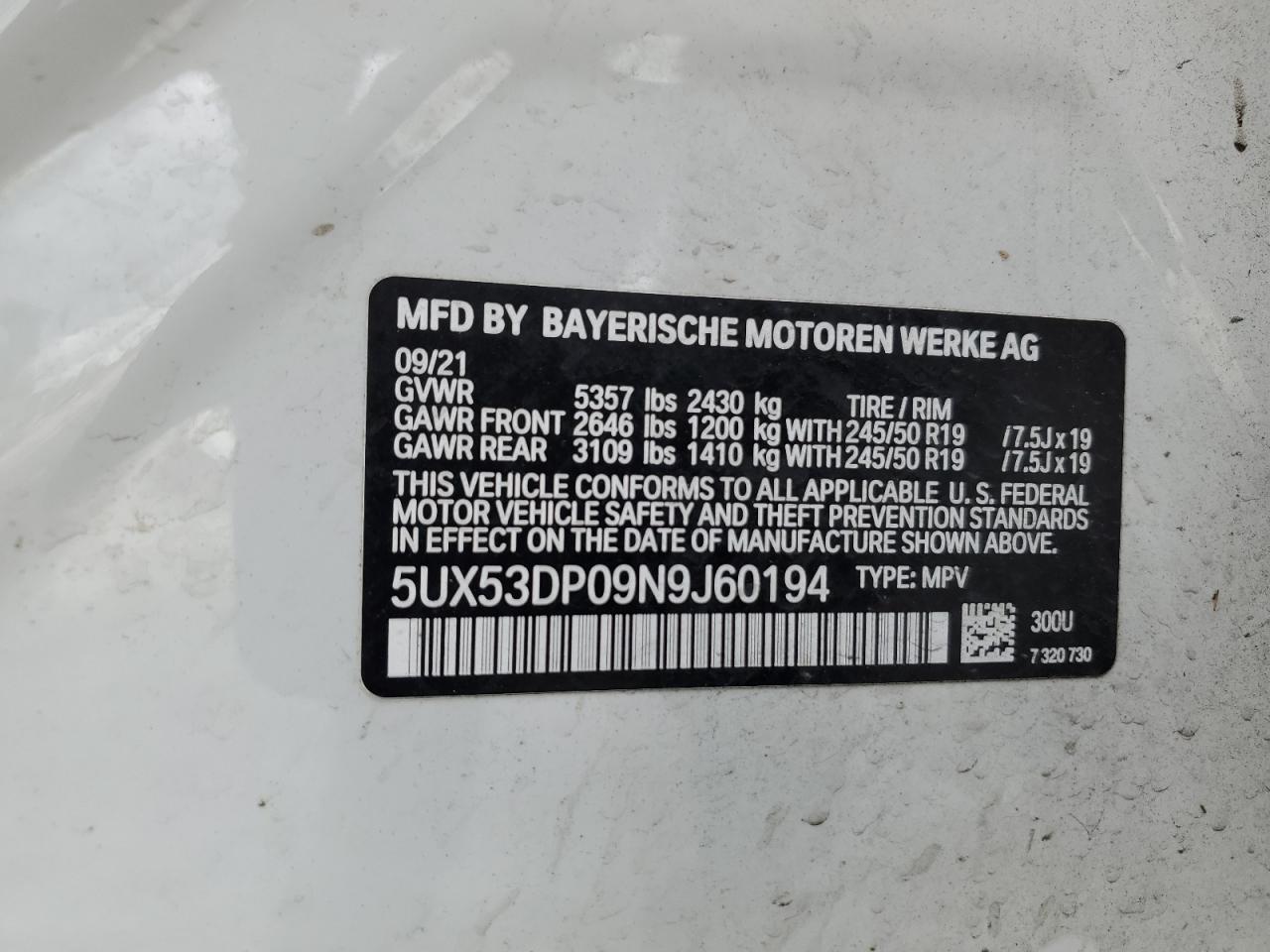 2022 BMW X3 XDRIVE30I VIN:5UX53DP09N9J60194